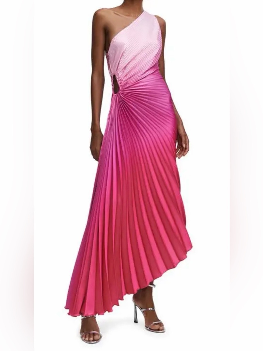Mango One-Shoulder Pink Ombre Pleated Maxi Dress with Side Cutout